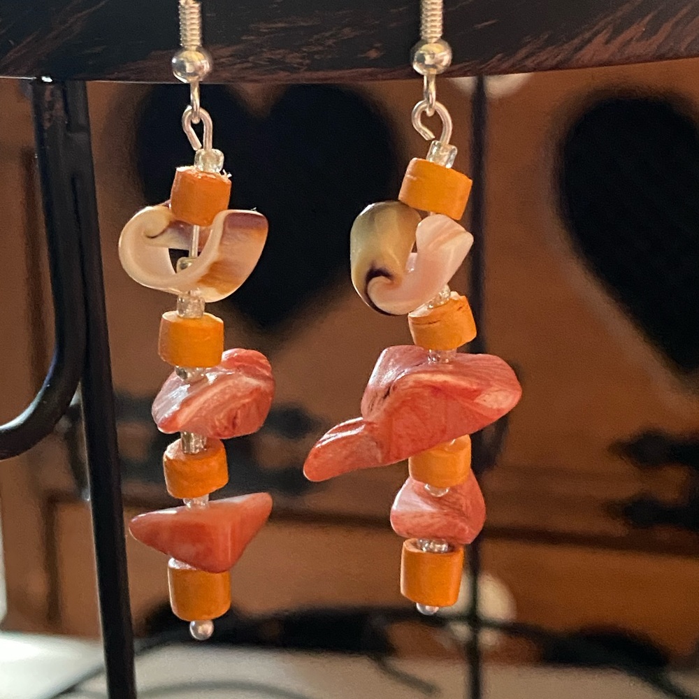 Pink & Orange Shell & Wood Silver Earrings